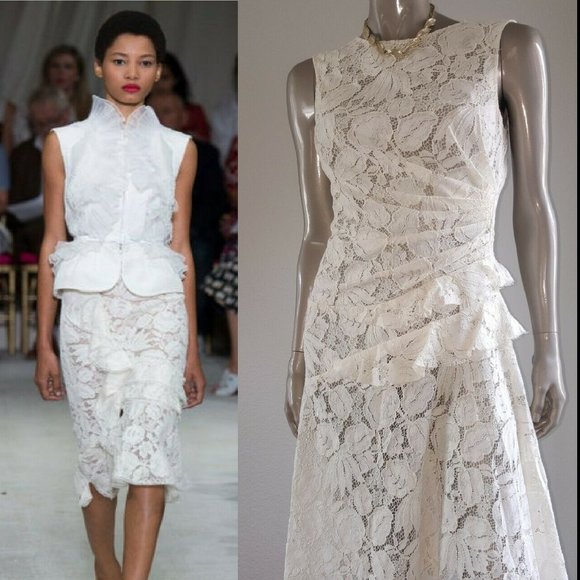 $3,800 NEW OSCAR DE LA RENTA STUNNING IVORY WHITE FLORAL GUIPURE LACE DRESS 0 - Picture 1 of 13